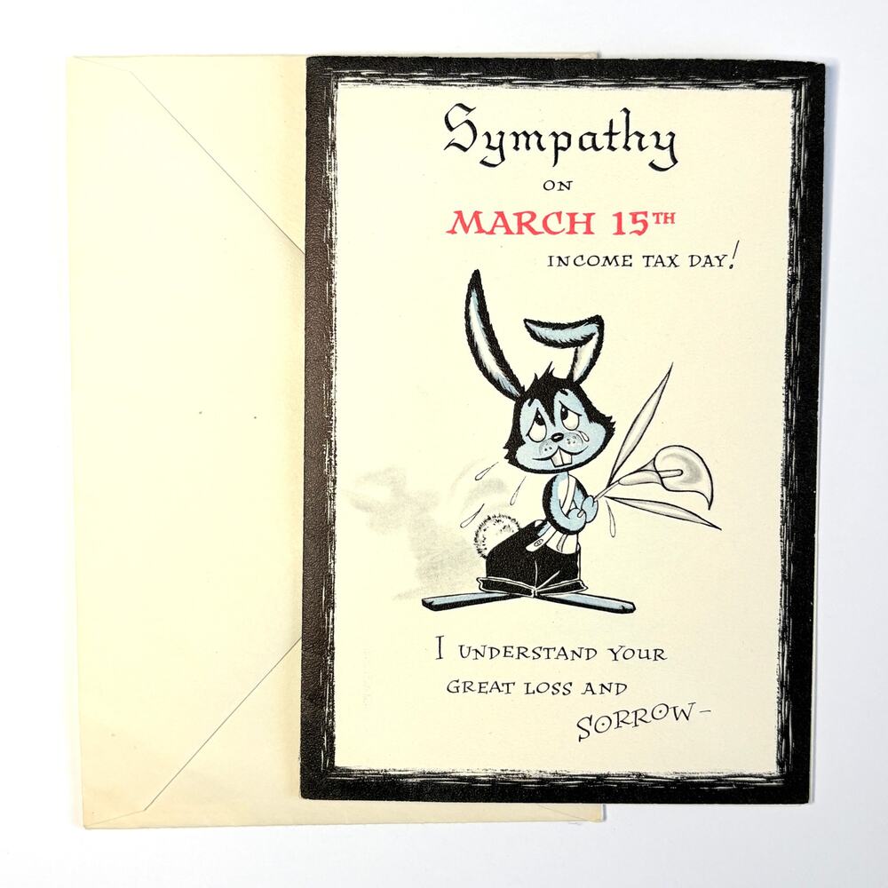 Vintage 1950s Buzza Cardozo Income Tax Day Greeting Card Rabbit Uncle Sam